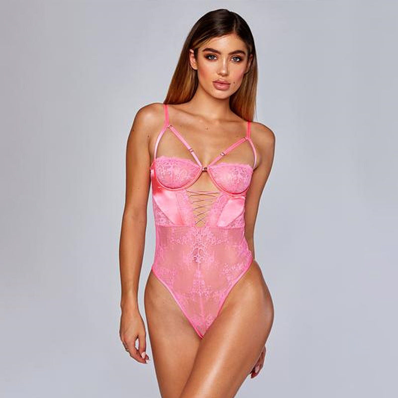 Cross  Back Sexy Lace Suspender Bodysuit