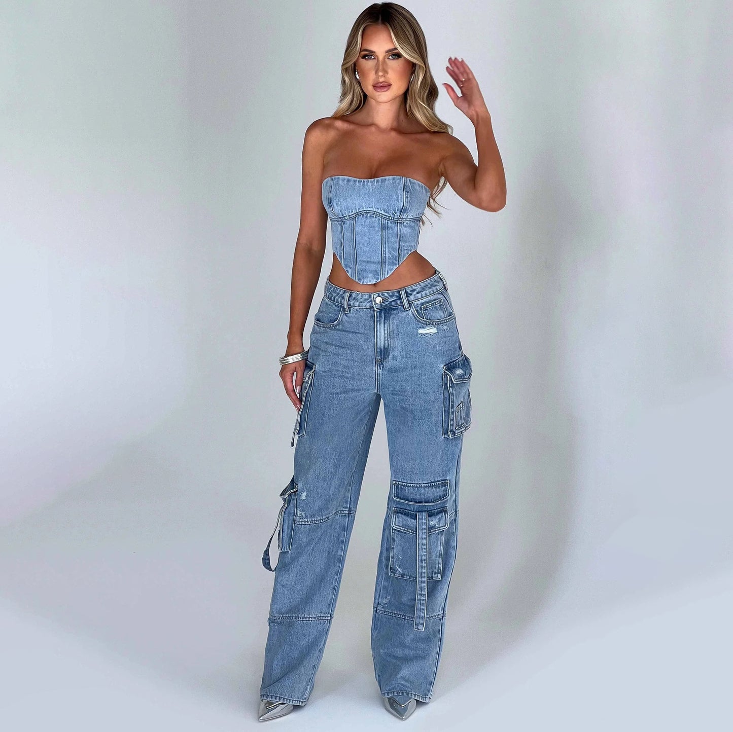 2Pcs Denim Suits Summer Sexy Backless Tube Top And Multi-pocket Straight Trousers Fashion Long Pants Suit Womens Clothing