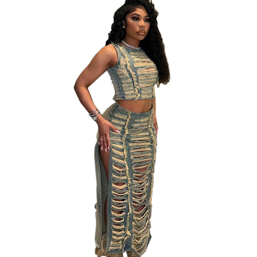European And American Style Women Suit Trendy Unique Hand Frayed Vest Slit Denim Skirt
