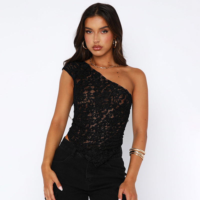 Black asymmetric lace one-shoulder top front