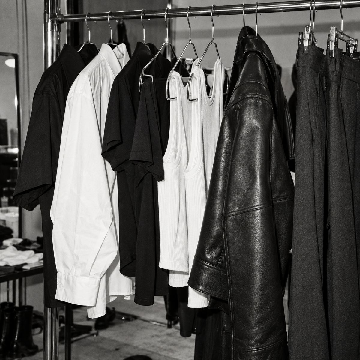 Black and white shirts and jackets on a wardrobe rail